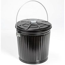 a black trash can with a metal handle on it's side and a white background