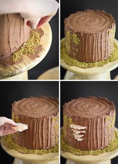 the process of decorating a cake with chocolate frosting