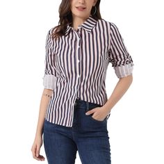 Clean stripes lend a graphic touch to this button-down shirt. A trendy high-low hem and roll-up sleeves for added laid-back appeal. Wear this on the weekend running errands or Sunday brunch. Pair it perfectly with your favorite trousers and heels for an instant charming outfit. Amp up your ensemble with this striped shirt. Roll Up Sleeves, Sunday Brunch, Hem Style, Collar Shirt, Womens Clothing Sizes, Chic Woman, Roll Up, Collar Shirts, Striped Shirt