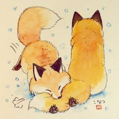 a drawing of two foxes cuddling together in the snow, one is sleeping and the other is laying down