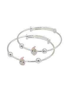 Silver 2 Piece Adjustable Baby Bangle. Diameter : 4.4 cm This pair of Silver Bangles are a perfect gift for babies. Suitable for occasions like Baby Shower and Birthdays. Note: Silver items will tarnish over time as a reaction to moisture in the air. A gentle clean with a silver cleaning solution will restore to original state.