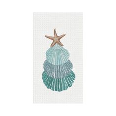 a starfish sitting on top of a green and white shell with blue watercolors