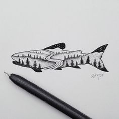 a drawing of a shark with trees on it