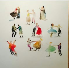 a group of people are dancing together in watercolors