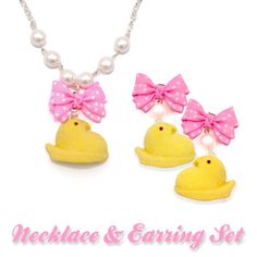 "This necklace and earrings are so kawaii and realistic, perfect for Easter or the entire Spring season and makes a great gift for a daughter, friend or any woman in your life who loves food jewelry or statement earrings! Comes in a free pink gift box. This listing is for one necklace and one pair of earrings. I handmade these super cute yellow faux marshmallow chicks from polymer clay and added a realistic sugar-like texture.  Earrings: Pink bows with white polka dots are attached to surgical steel post earrings. Please note these earrings are chunky and large. Chicks are 1\"x1.25\". Chick Earrings are about 2\" in total length. Chicks are flat on the back. Posts are hypoallergenic surgical steel.  Necklace: 1x1.25\" yellow chick hangs below a pink and white polka dot bow. Necklace comes Cute Valentine's Day Jewelry, Playful Pink Jewelry For Easter, Cute Jewelry For Valentine's Day, Pink Jewelry For Easter Gift, Kawaii White Party Jewelry, Whimsical Jewelry With Cute Design For Gifts, White Kawaii Jewelry For Party, Cute Handmade Easter Jewelry, Kawaii Jewelry For Valentine's Day Party