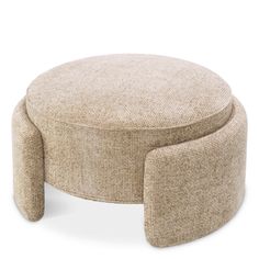 a round ottoman that is made out of fabric and has two legs on one end