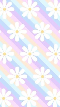 white daisies on a pastel rainbow striped background with diagonal stripes in the background