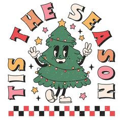 a cartoon christmas tree with the words happy new year written in large and small letters