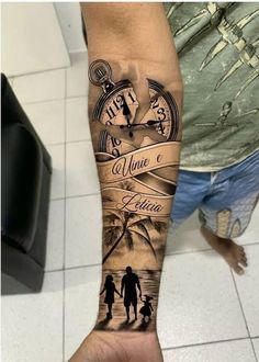 a man with a tattoo on his arm that has two people and a clock in it