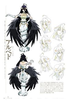 an anime character with black wings and white hair, in various poses on a white background