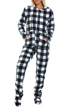 Buffalo Check White Black Adult Footie Pajamas, Winter Pjs, Adult Onesie Pajamas, Footed Pajamas, Adult Pajamas, Men's Robes, Invest In Yourself, Onesie Pajamas, Footie Pajama