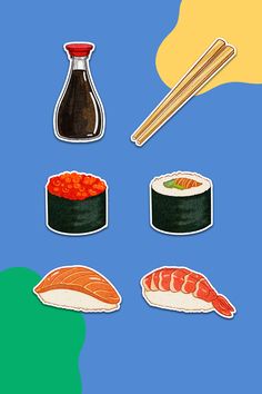 sushi and chopsticks on a blue background