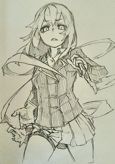 a pencil drawing of a girl with long hair holding a knife and looking at the camera