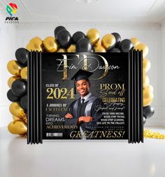 a graduation party poster with balloons and confetti on the wall in front of it