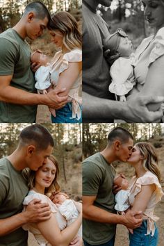 a man and woman holding a baby while standing next to each other in front of trees