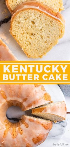 a close up of a bundt cake with glaze on top and the words kentucky butter cake above it