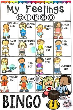 a poster with the words,'my feelings bingo game'and images of children