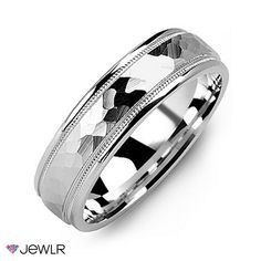 men's wedding band in white gold with an intricate design on the center and sides