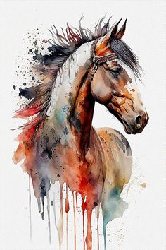 a watercolor painting of a horse's head with paint splatters on it