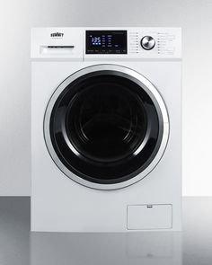 a white washing machine sitting on top of a counter