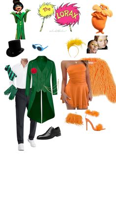 a collage of people dressed up in costumes and hats, including an orange dress