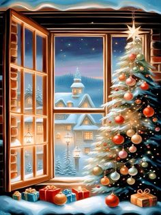 a painting of a christmas tree in front of a window with presents on the windowsill