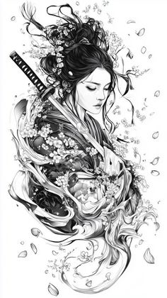 Japanese Ideas Tattoo, Cherry Blossom Leg Sleeve, Lady Samurai Tattoo, Chinese Lady Tattoo, Japanese Cherry Blossom Tattoo Black And White, Samurai Girl Drawing, Geisha Drawing Tattoo, Female Samurai Tattoo Geishas, Female Samurai Tattoo Design