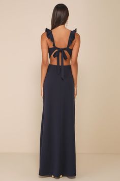 Navy Ruffle Maxi Dress - Tie-Back Maxi Dress - Cutout Maxi Dress - Lulus Casual Formal Dresses, Backless Maxi Dress, Ruffle Maxi Dress, Cutout Maxi Dress, Adhesive Bra, Backless Maxi Dresses, Blue Maxi, Maxi Dress Formal, Ruffled Maxi Dress