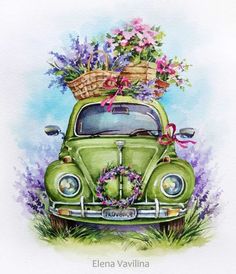 an old green car with flowers in the back and a basket full of flowers on top