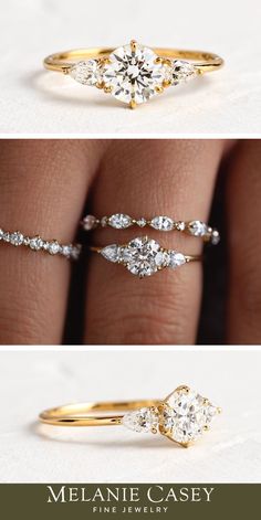 three different types of engagement rings with diamonds on each side and the same diamond between them