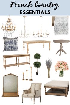 french country essentials for the home and living room with text overlaying it