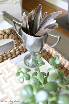 a metal cup filled with feathers sitting on top of a table next to a plant