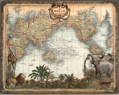 an old world map with animals on it