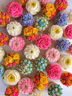 cupcakes decorated with colorful flowers are arranged in a circle