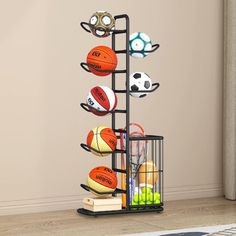 a rack with basketballs, balls and other sports equipment on it in a living room