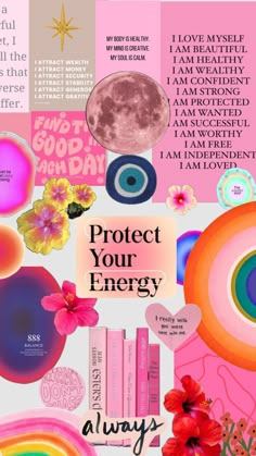 the words protect your energy are written in different colors and shapes, along with an image of