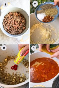 steps on how to make homemade chili cheese soup with ground beef and spices in a bowl