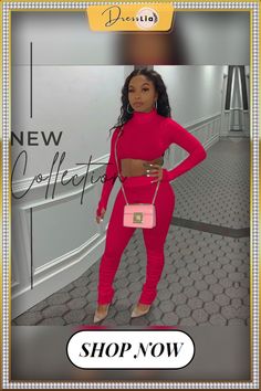 Solid Turtleneck Crop Top Skinny Pleated Pants Set Pink Sets For Night Out In Fall, Pink Set For Night Out In Fall, Turtleneck Crop Top, Ruched Pants, Turtle Neck Crop Top, Red Turtleneck, Pleated Pants, Ladies Tops Fashion, 1 Million