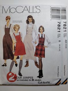 three women's aprons and overalls are shown in two different styles, one is