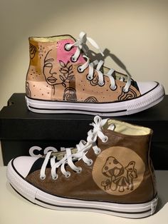 Handpainted size 8 women's Converses. Never worn, brand new, comes with box. Suits light academia aesthetic very well. Retro wording, and quote from 'Pride and Prejudice', with line art and hippie style mushrooms. along with butterflies and zebra stripes on the back. Cannot be washed, machine or hand, and should preferably not get wet. Hand Painted High-top Leather Sneakers, Artistic Leather Custom Sneakers For Streetwear, Custom Artwork Leather Sneakers With Round Toe, Casual Leather Custom Sneakers With Waterproofing, Artistic Low-top Leather Custom Sneakers, Artistic Hand Painted Leather Sneakers, Artistic Hand Painted Leather Custom Sneakers, Artistic Leather Sneakers With Custom Artwork, Art Mushrooms