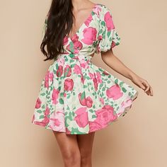 Brand New, Never Worn. Be Bold And Stand Out In This Secret Garden Mini Dress! Featuring A Beautiful And Bright Floral Pattern, Short Puffed Sleeves, Deep V-Neckline, Ruched Waist Detail With Cut Outs And The Cutest Tieback. Summer Floral Dress With Rose Print For Garden Party, Spring Summer Dress With Rose Print, Spring Summer Rose Print Dress, Spring V-neck Mini Dress With Rose Print, Spring Rose Print Mini Dress For Day Out, Spring Mini Dress With Rose Print For Day Out, Spring Day Out Mini Dress With Rose Print, Spring Rose Print Mini Dress For Garden Party, Pink Floral Summer Dress For Garden Party