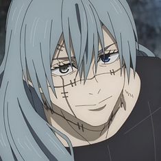 an anime character with grey hair and blue eyes