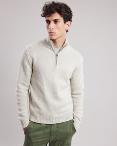 Men's long-sleeve sweater with a zip-up mock neck. Ribbed trim at the neck, cuffs, and waistband. Classic Half-zip Sweater With Ribbed Collar, Wool Half-zip Sweater With Ribbed Cuffs, Wool Half-zip Sweater With Ribbed Collar, Classic Half-zip Polo Sweater With Ribbed Cuffs, Classic Half-zip Sweater With Ribbed Cuffs, Classic Half-zip Winter Sweater, Classic Wool Half-zip Sweater, Alpaca Sweater, Style Chic