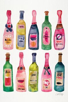 a watercolor painting of different types of wine bottles