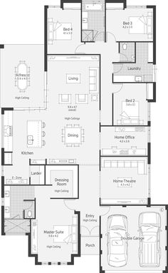 the floor plan for a three bedroom apartment with two car spaces and an attached garage