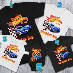 three matching shirts with the name and number of each child's car on them