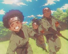 an anime scene with three people in the grass and one person holding a baseball bat