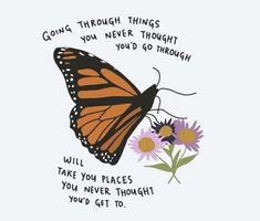 an orange butterfly sitting on top of a purple flower next to a white card with the words, going through things you never thought would do