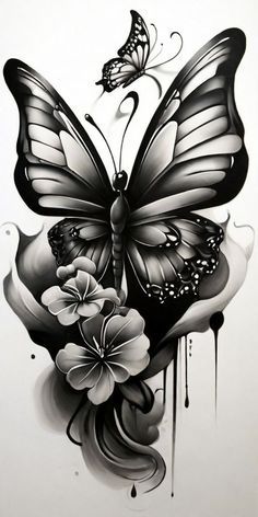 a black and white drawing of a butterfly with flowers on it's back side