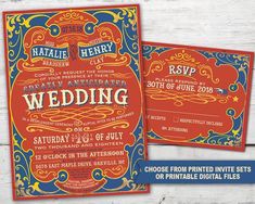 an orange, blue and yellow wedding card